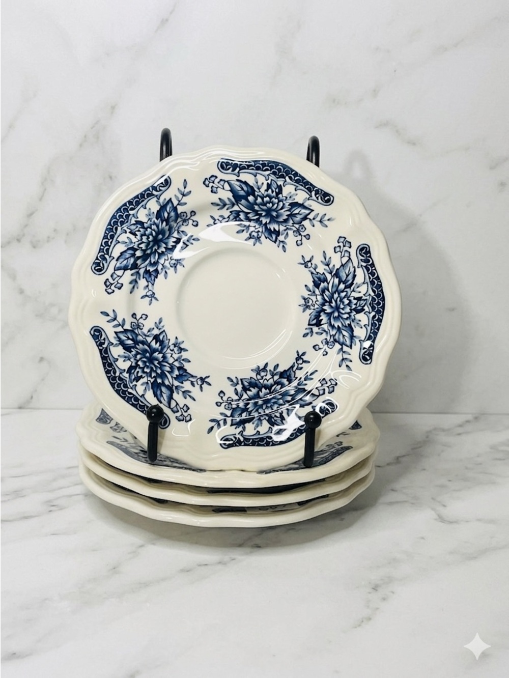 Vintage Sears Blue Carnation Ironstone Tea Cup Saucers-Set Of 4